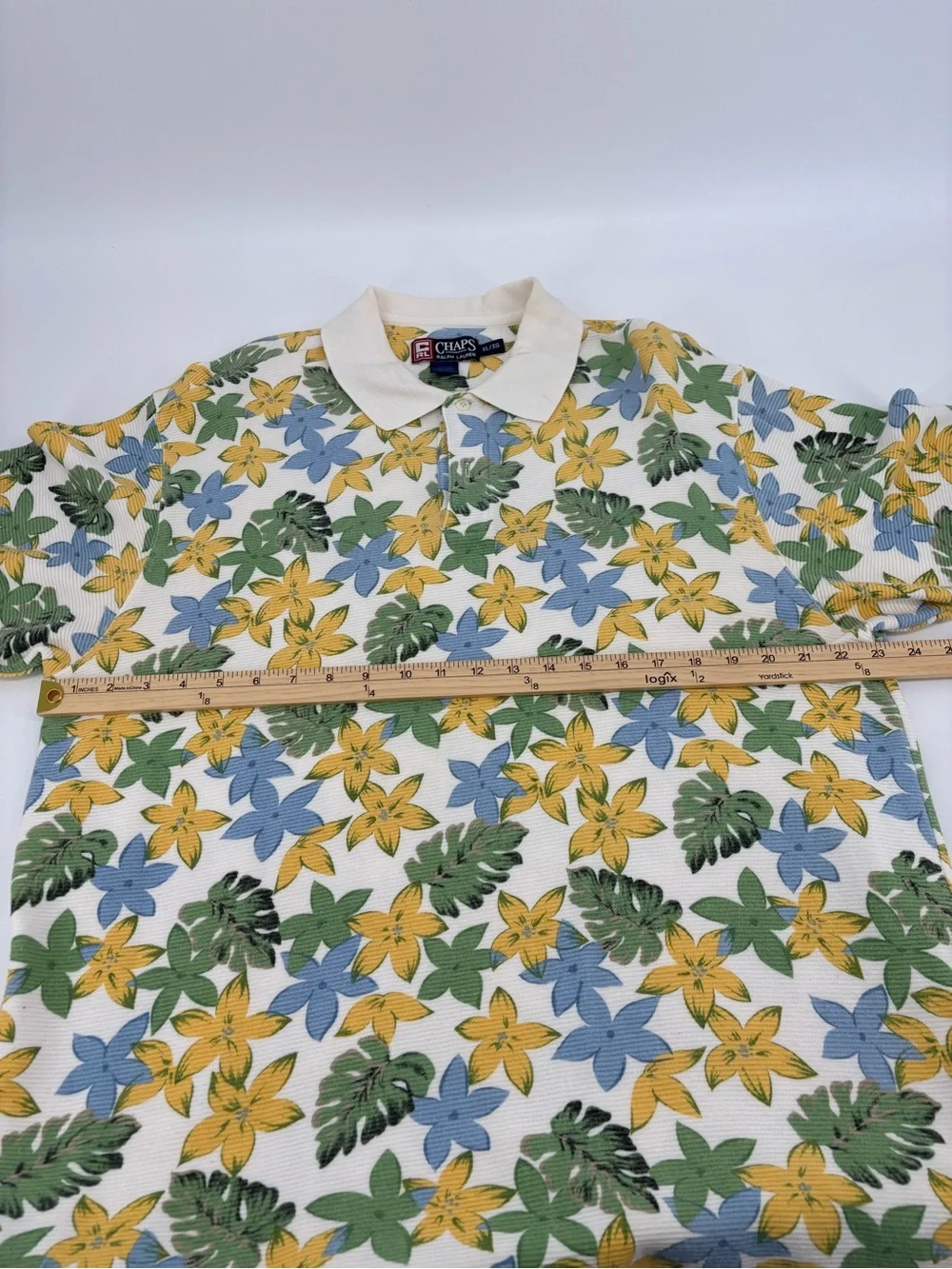 Chaps Ralph Lauren Polo Shirt Mens XL Ribbed Knit Hawaiian Flower Floral Vintage